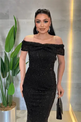 Fully Beaded Fabric Boat Neck Evening Dress - BLACK - 3