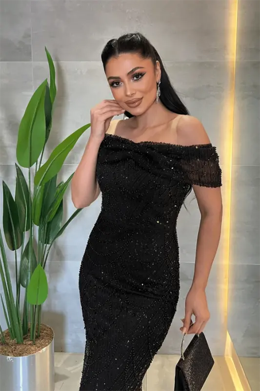 Fully Beaded Fabric Boat Neck Evening Dress - BLACK - 4