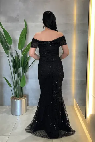 Fully Beaded Fabric Boat Neck Evening Dress - BLACK - 5