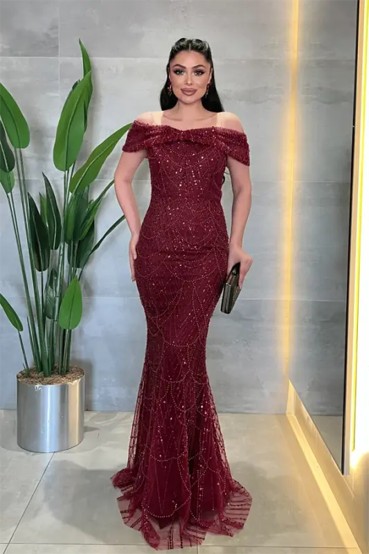 Fully Beaded Fabric Boat Neck Evening Dress - BORDEAUX - BÜYÜKBEDENIZ