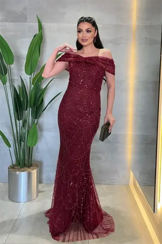 Fully Beaded Fabric Boat Neck Evening Dress - BORDEAUX - BÜYÜKBEDENIZ (1)