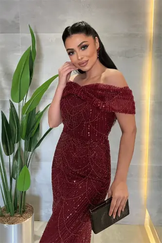 Fully Beaded Fabric Boat Neck Evening Dress - BORDEAUX - 3