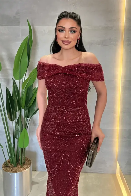 Fully Beaded Fabric Boat Neck Evening Dress - BORDEAUX - 4