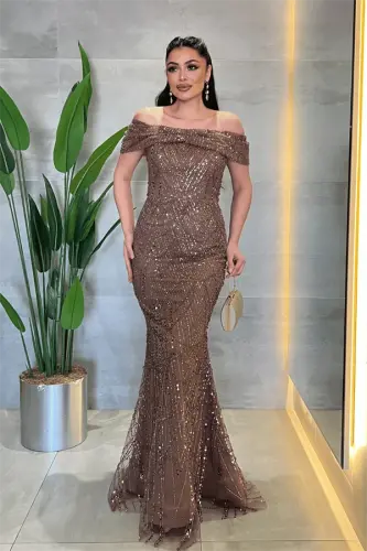 Fully Beaded Fabric Boat Neck Evening Dress - BROWN - 1