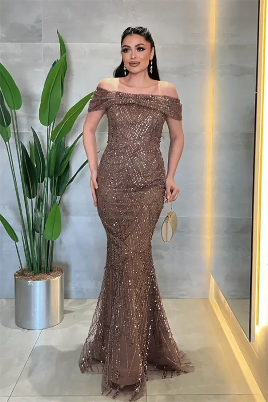 Fully Beaded Fabric Boat Neck Evening Dress - BROWN - BÜYÜKBEDENIZ