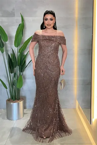 Fully Beaded Fabric Boat Neck Evening Dress - BROWN - BÜYÜKBEDENIZ (1)