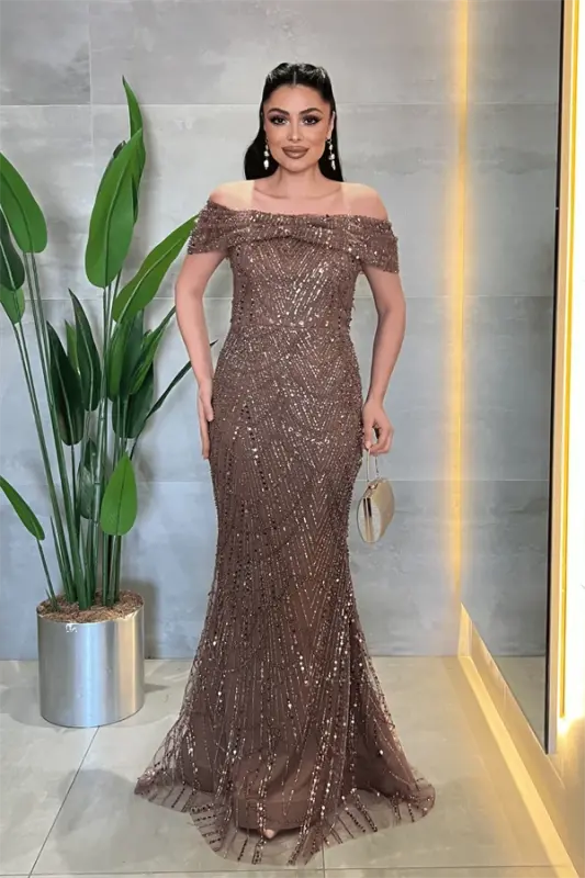 Fully Beaded Fabric Boat Neck Evening Dress - BROWN - 2