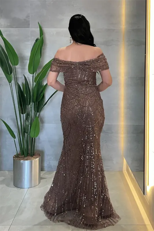 Fully Beaded Fabric Boat Neck Evening Dress - BROWN - 5