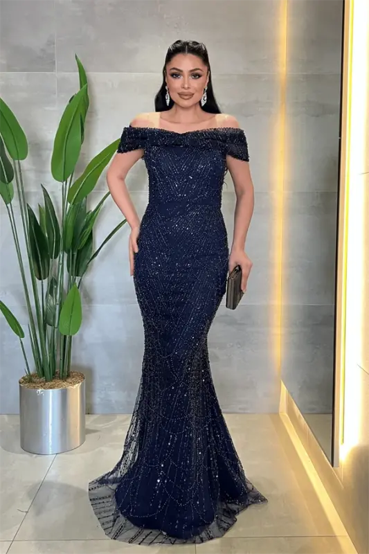 Fully Beaded Fabric Boat Neck Evening Dress - NAVY BLUE - BÜYÜKBEDENIZ