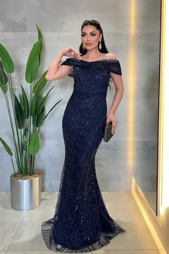 Fully Beaded Fabric Boat Neck Evening Dress - NAVY BLUE - 2