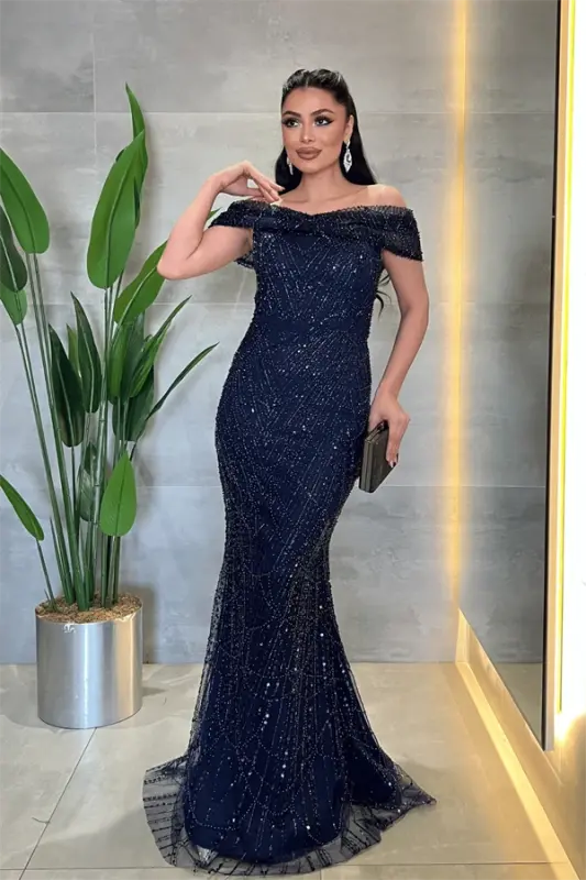 Fully Beaded Fabric Boat Neck Evening Dress - NAVY BLUE - 2