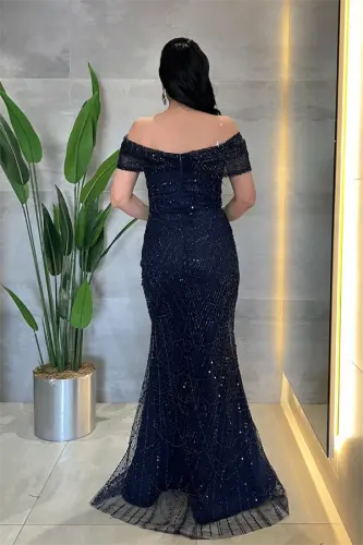 Fully Beaded Fabric Boat Neck Evening Dress - NAVY BLUE - 5