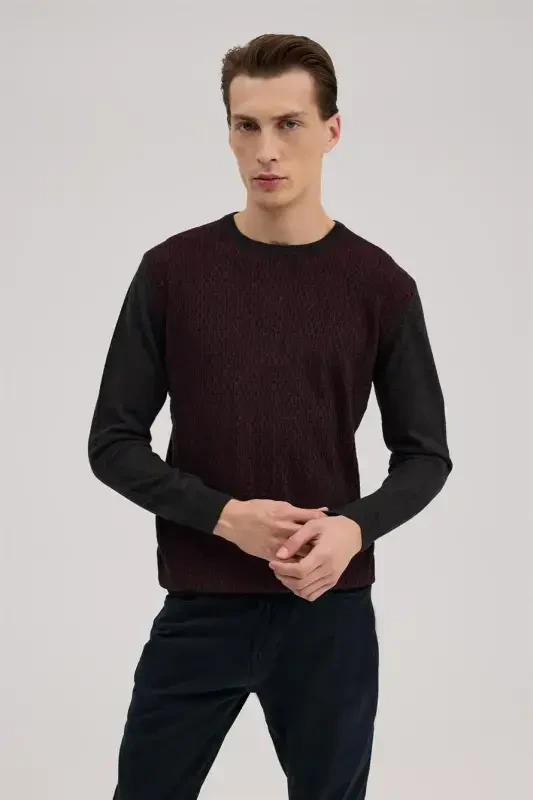 Füme Bordo Klasik Fit Bisiklet Yaka Desenli Triko - 2