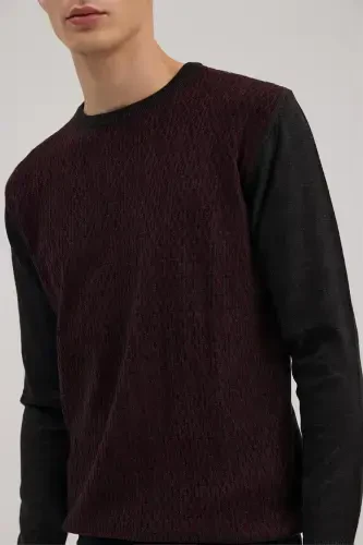 Füme Bordo Klasik Fit Bisiklet Yaka Desenli Triko - 3