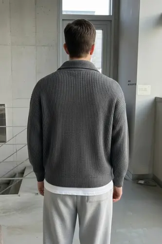 Füme Erkak Oversize Fermuarlı Balıkçı Triko Kazak-füme - 3