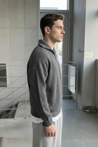 Füme Erkek Oversize Fermuarlı Balıkçı Triko Kazak-füme - 2