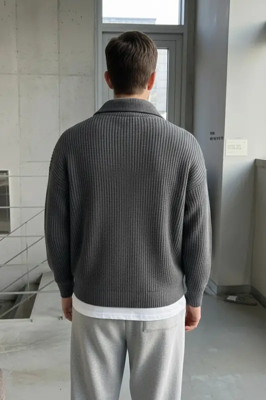 Füme Erkek Oversize Fermuarlı Balıkçı Triko Kazak-füme - 3