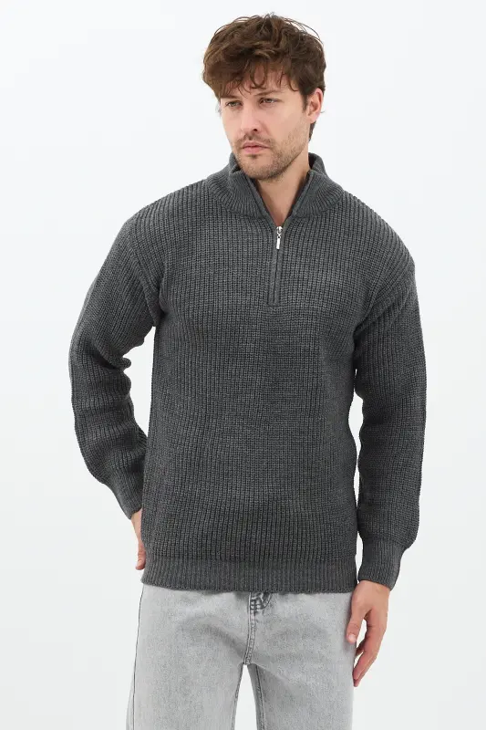 Füme Erkek Oversize Fermuarlı Balıkçı Triko Kazak-Mat Füme - 4