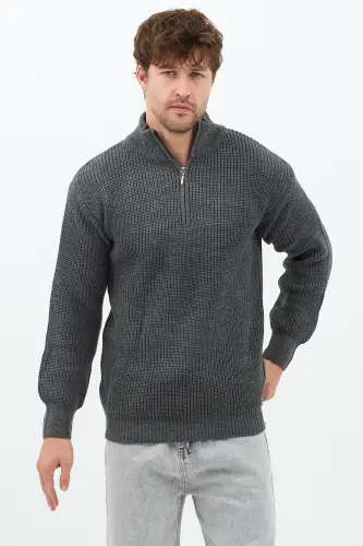 Füme Erkek Oversize Fermuarlı Balıkçı Triko Kazak-Mat Füme - 5