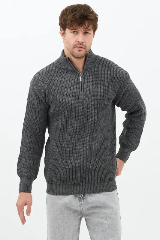 Füme Erkek Oversize Fermuarlı Balıkçı Triko Kazak-Mat Füme - 5