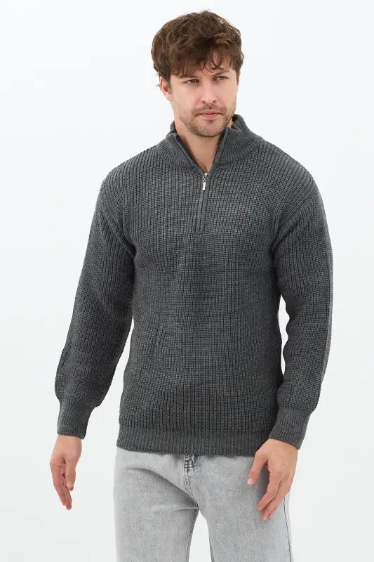 Füme Erkek Oversize Fermuarlı Balıkçı Triko Kazak-Mat Füme - 2