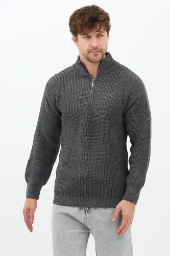 Füme Erkek Oversize Fermuarlı Balıkçı Triko Kazak - Mat Füme - COOL TARZ (1)