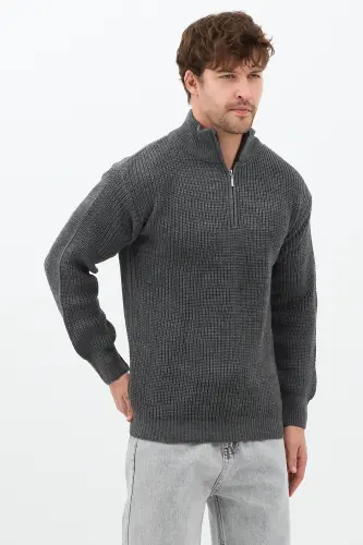 Füme Erkek Oversize Fermuarlı Balıkçı Triko Kazak-Mat Füme - 3