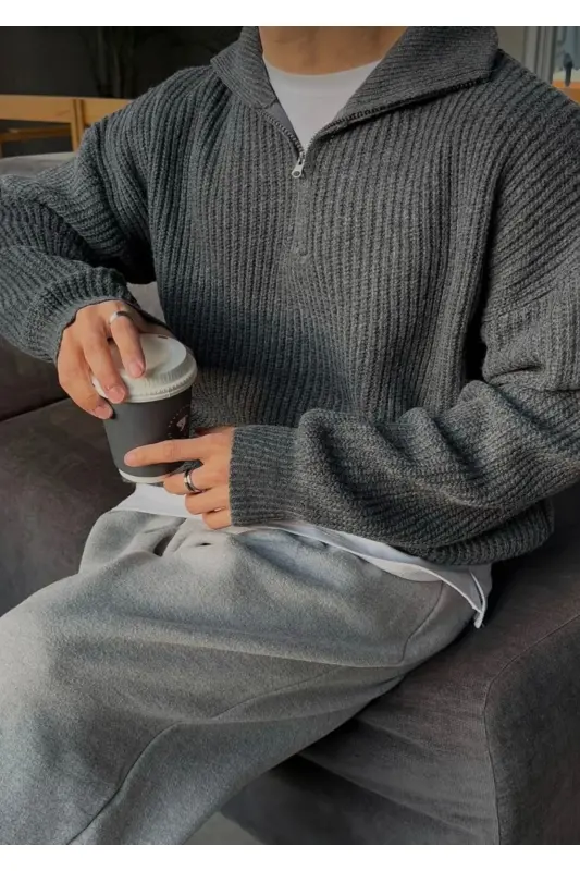 füme erkek salaş oversize triko kışlık kazak premium kalite-Turuncu - 4