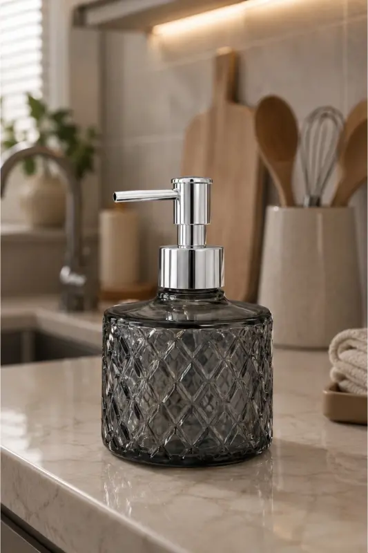 FÜME Kristal Cam Sıvı Sabunluk - Füme Modern Lüks Banyo Aksesuarı Dekoratif Sıvı Sabunluk Sabun Dispenseri Banyo & Mutfak İçin Tezgah Üstü Lavabo Bulaşık Deterjanı El Sabunu - Füme - 5