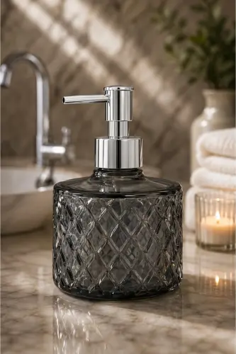 FÜME Kristal Cam Sıvı Sabunluk - Füme Modern Lüks Banyo Aksesuarı Dekoratif Sıvı Sabunluk Sabun Dispenseri Banyo & Mutfak İçin Tezgah Üstü Lavabo Bulaşık Deterjanı El Sabunu - Füme - ANGDESİGN (1)