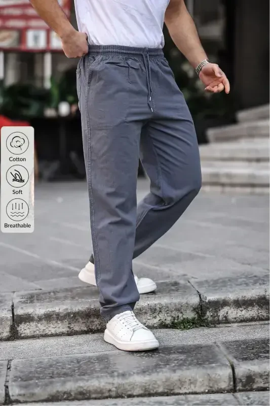 Füme Renk Erkek Yazlık Keten Karışımı Relaxed Pantolon - FÜME-FÜME - COMBİNE MİCHAİL