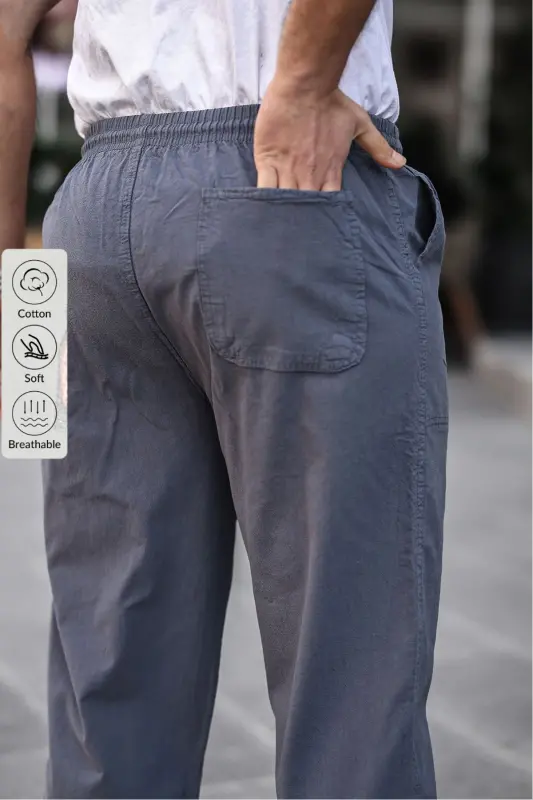 Füme Renk Erkek Yazlık Keten Karışımı Relaxed Pantolon - FÜME-FÜME - 3