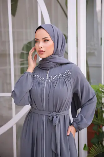 Füme Robalı Boncuklu Ferace Nsr5016 - Füme - 3