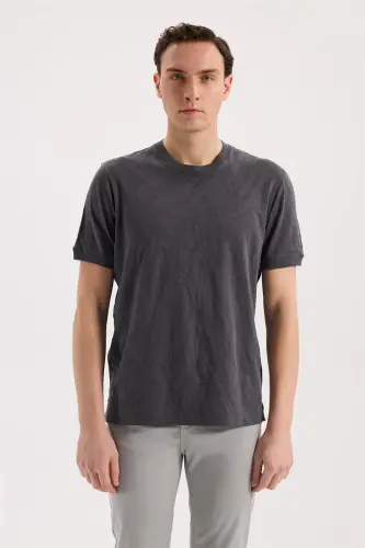 Füme Slim Fit Bisiklet Yaka Desenli %100 Pamuk T-Shirt - 1