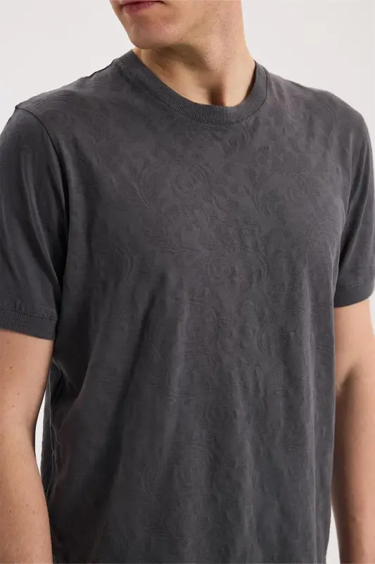 Füme Slim Fit Bisiklet Yaka Desenli %100 Pamuk T-Shirt - 3