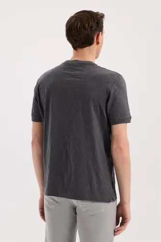 Füme Slim Fit Bisiklet Yaka Desenli %100 Pamuk T-Shirt - 4