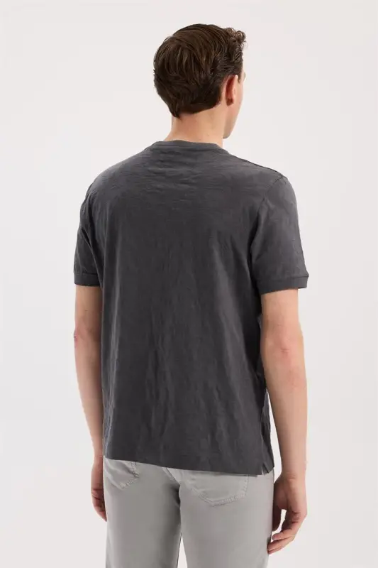 Füme Slim Fit Bisiklet Yaka Desenli %100 Pamuk T-Shirt - 4