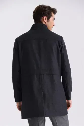 Füme Slim Fit Dik Yaka Balık Sırtı Desenli Yünlü Spor Kaban - 3