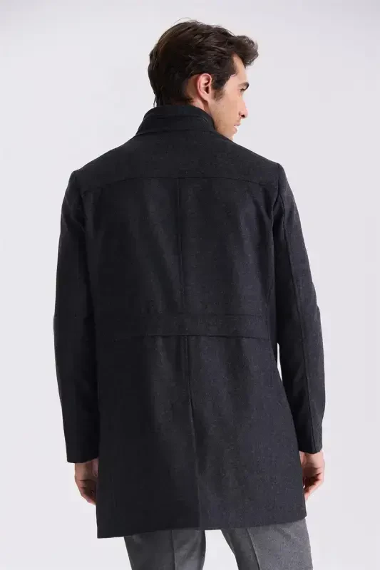 Füme Slim Fit Dik Yaka Balık Sırtı Desenli Yünlü Spor Kaban - 3