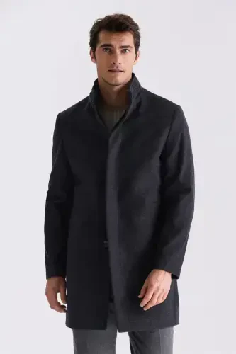 Füme Slim Fit Dik Yaka Balık Sırtı Desenli Yünlü Spor Kaban - 4