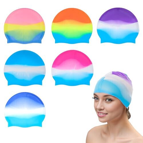 Fumwase 6PCS Unisex Teenagers Silicone Swim Caps Waterproof Swimming Hat Adult Swimming Cap Elastomeric for Short Hair - Fumwase
