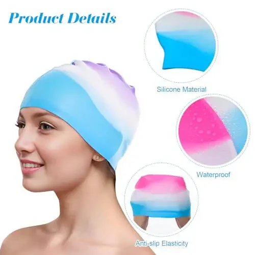 Fumwase 6PCS Unisex Teenagers Silicone Swim Caps Waterproof Swimming Hat Adult Swimming Cap Elastomeric for Short Hair - 3