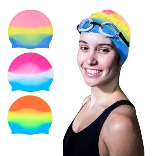 Fumwase 6PCS Unisex Adult Silicone Swim Caps Waterproof Swimming Hat Adult Swimming Cap Elastomeric for Long and Short Hair - 4