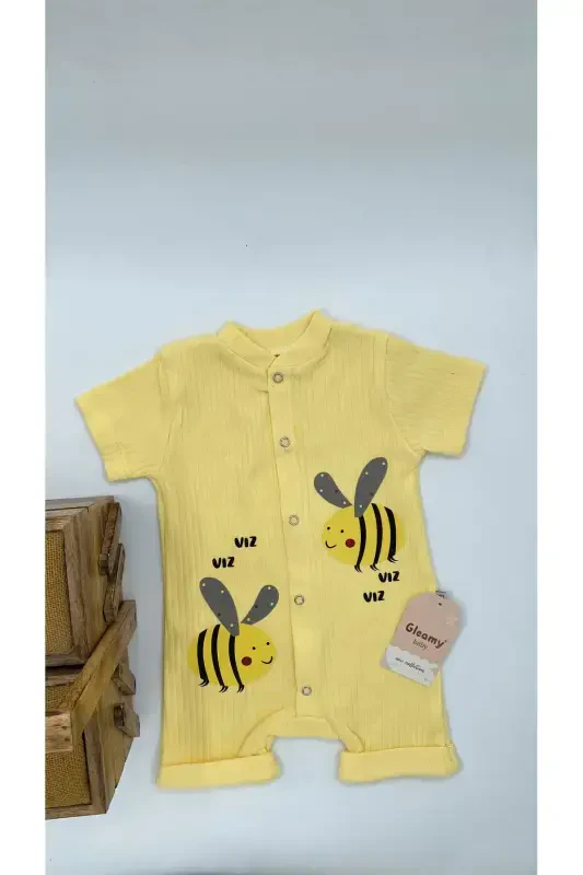 ФУНДУК БЕБЕ KIDS ПЧЕЛА УЗОР КНОПКА КОРОТКИЙ РУКАВ ШОРТЫ КОМБИНЕЗОН (СЛИП) 100% ХЛОПОК-Желтый - 1