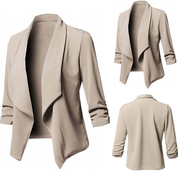 Funicet Womens Lightweight Thin 3/4 Sleeve Open Front Blazer Jacket With Plus Size Khaki XL- - 8