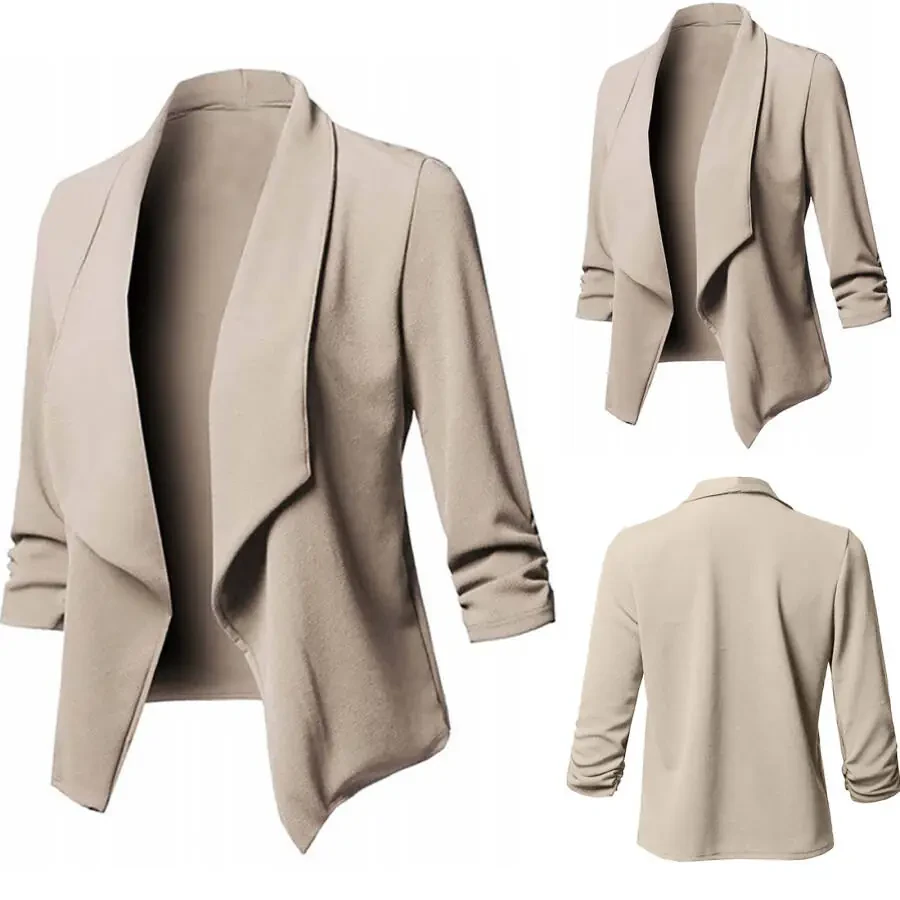 Funicet Womens Lightweight Thin 3/4 Sleeve Open Front Blazer Jacket With Plus Size Khaki XL- - 3