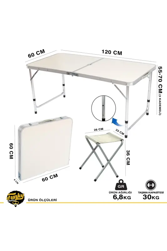 Funky Chairs Foldable Picnic Table Set with Stool - Beige - No Color - 6