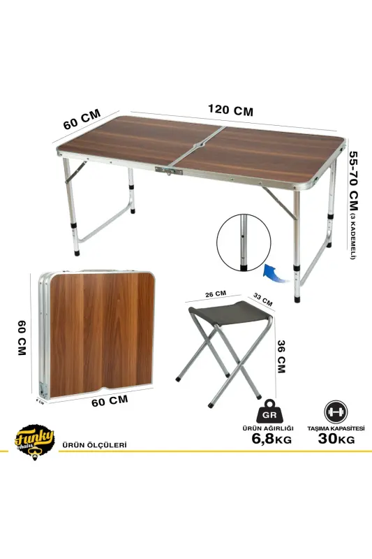Funky Chaırs Tabureli Katlanabilir Piknik Masası Seti -Ahşap Desen - Ahşap Desen - 6