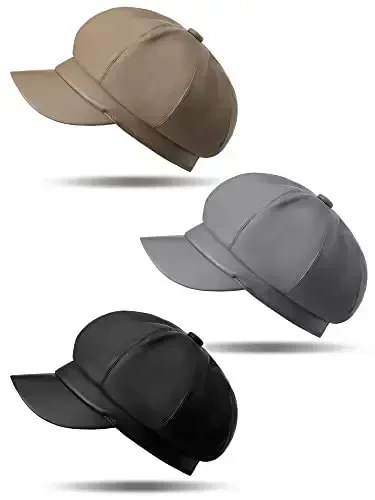 Funtery 3 Pcs Women Newsboy Hats PU Leather Visor Beret Cabbie Hat 8 Panel Vintage Women Fiddler Cap Faux Leather Baker Hat - 1
