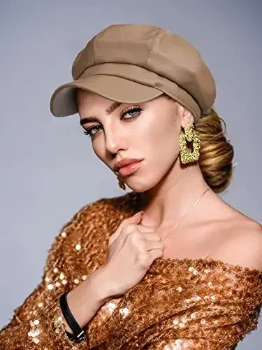 Funtery 3 Pcs Women Newsboy Hats PU Leather Visor Beret Cabbie Hat 8 Panel Vintage Women Fiddler Cap Faux Leather Baker Hat - 2